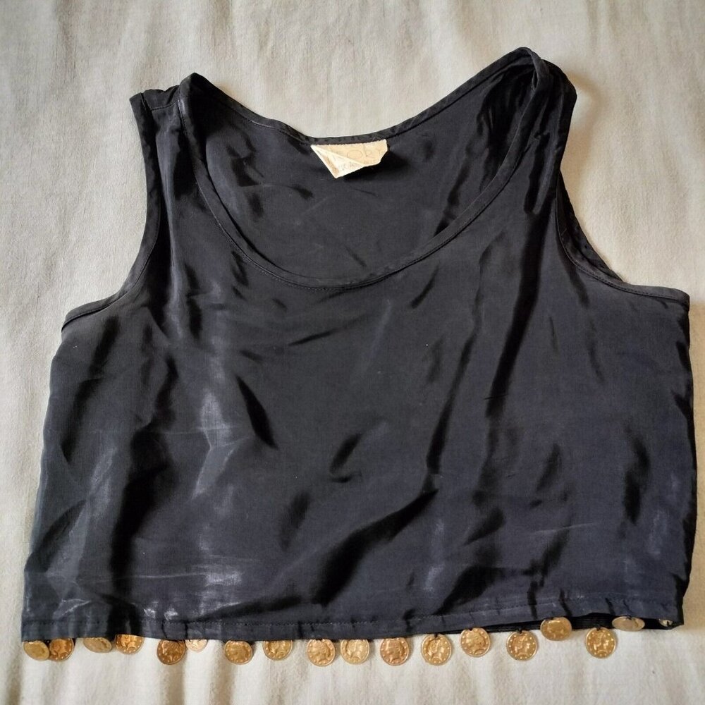 Vtg Theory Theresa McAllen Black Cropped Tank Top Small Dangle Coins Belly Dance